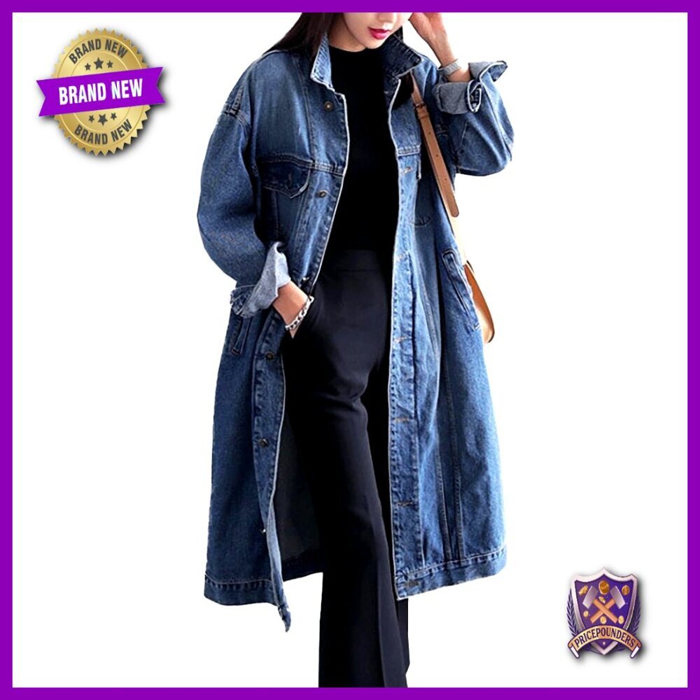 Classic Denim Trench Coat Oversized Plus Size Long Sleeve Button Down Jacket